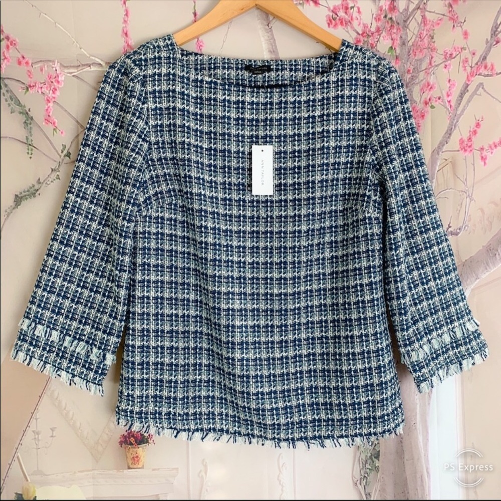 NEW Ann Taylor Fringe Tweed Boatneck In Aquifer